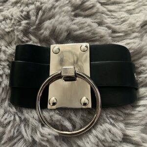 Wide Black Faux Leather Bracelet with Silver Ring Accent